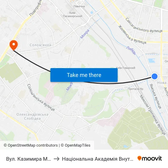Вул. Казимира Малевича to Національна Академія Внутрішніх Справ map