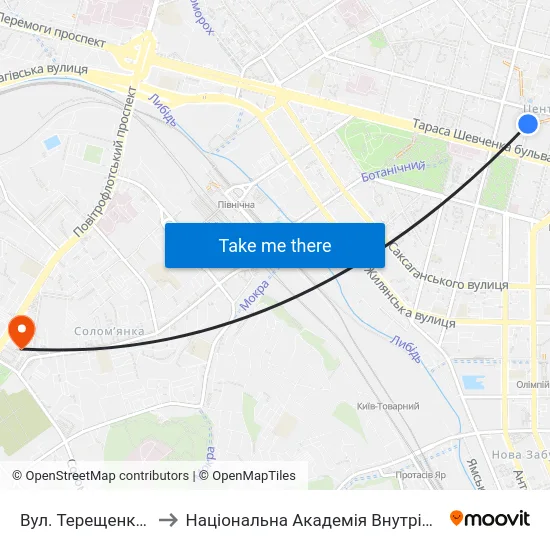 Вул. Терещенківська to Національна Академія Внутрішніх Справ map