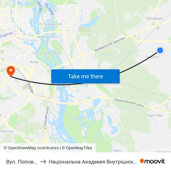 Вул. Поповича to Національна Академія Внутрішніх Справ map