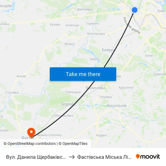 Вул. Данила Щербаківського to Фастівська Міська Лікарня map