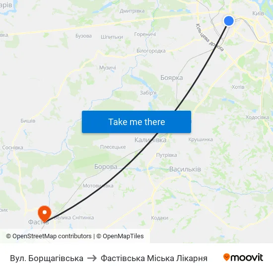 Вул. Борщагівська to Фастівська Міська Лікарня map