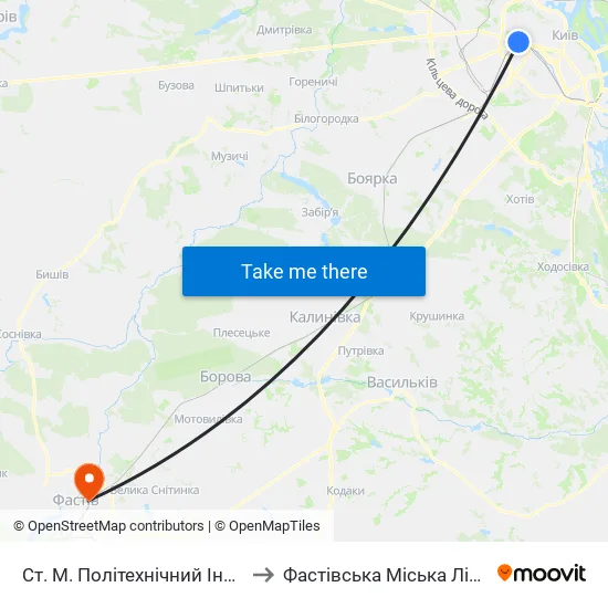 Ст. М. Політехнічний Інститут to Фастівська Міська Лікарня map