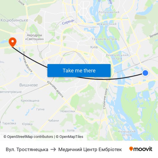 Вул. Тростянецька to Медичний Центр Ембріотек map