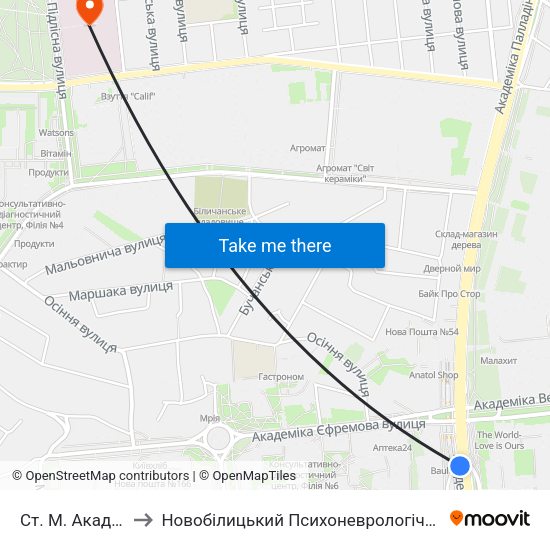 Ст. М. Академмістечко to Новобілицький Психоневрологічний Інтернат Для Чоловіків map