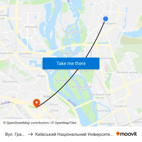 Вул. Градинська to Київський Національний Університет Імені Тараса Шевченка map