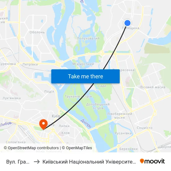 Вул. Градинська to Київський Національний Університет Імені Тараса Шевченка map