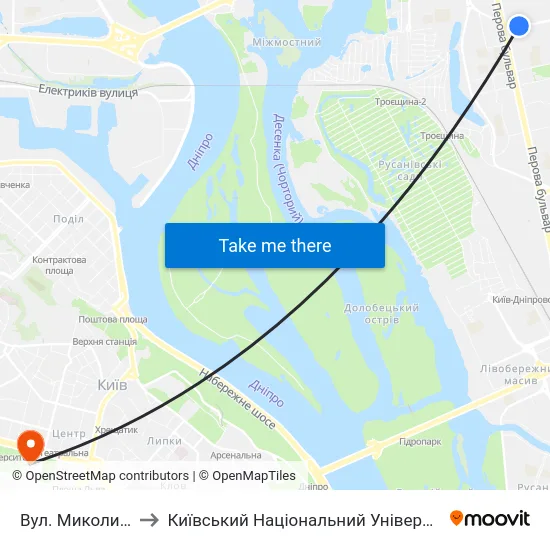 Вул. Миколи Кибальчича to Київський Національний Університет Імені Тараса Шевченка map