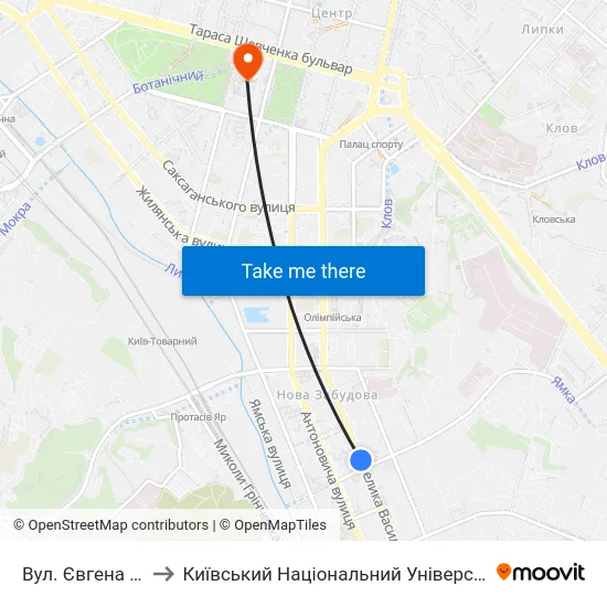 Вул. Євгена Коновальця to Київський Національний Університет Імені Тараса Шевченка map