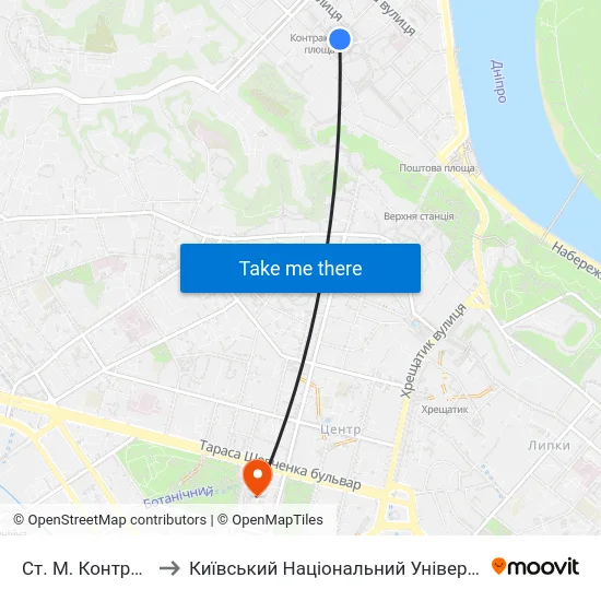 Ст. М. Контрактова Площа to Київський Національний Університет Імені Тараса Шевченка map