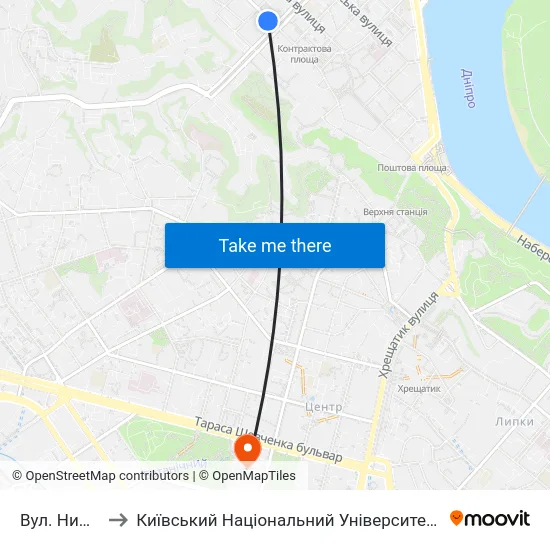 Вул. Нижній Вал to Київський Національний Університет Імені Тараса Шевченка map