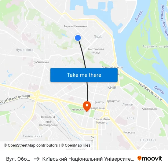 Вул. Оболонська to Київський Національний Університет Імені Тараса Шевченка map