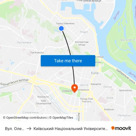 Вул. Оленівська to Київський Національний Університет Імені Тараса Шевченка map