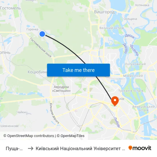 Пуща-Водиця to Київський Національний Університет Імені Тараса Шевченка map