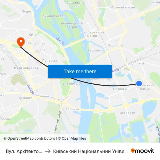 Вул. Архітектора Вербицького to Київський Національний Університет Імені Тараса Шевченка map