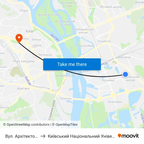 Вул. Архітектора Вербицького to Київський Національний Університет Імені Тараса Шевченка map