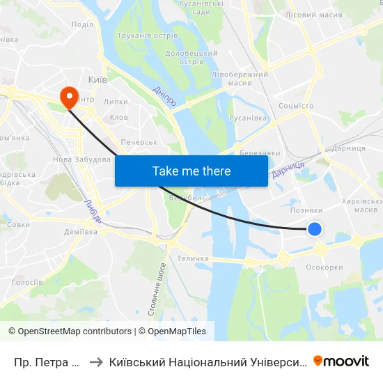 Пр. Петра Григоренка to Київський Національний Університет Імені Тараса Шевченка map