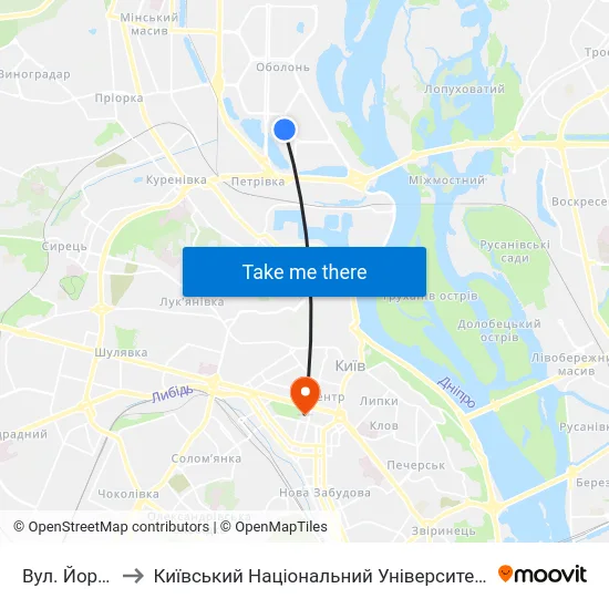 Вул. Йорданська to Київський Національний Університет Імені Тараса Шевченка map