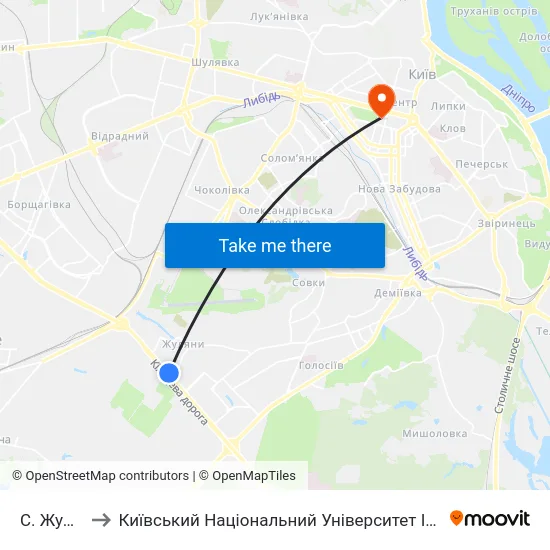 С. Жуляни-1 to Київський Національний Університет Імені Тараса Шевченка map