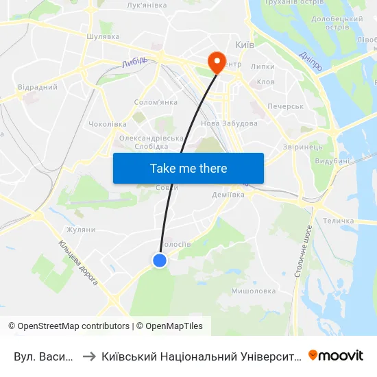 Вул. Васильківська to Київський Національний Університет Імені Тараса Шевченка map