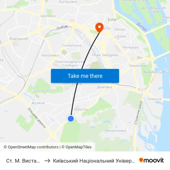 Ст. М. Виставковий Центр to Київський Національний Університет Імені Тараса Шевченка map