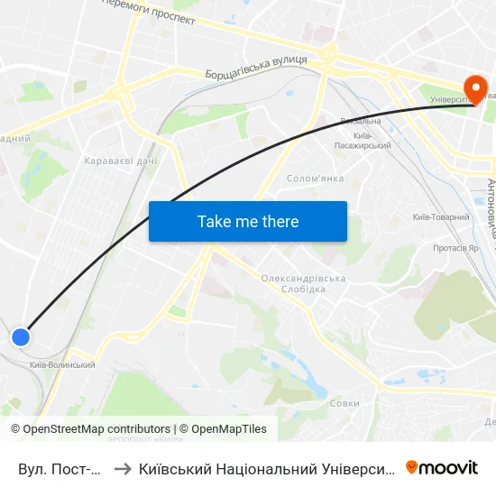 Вул. Пост-Волинська to Київський Національний Університет Імені Тараса Шевченка map