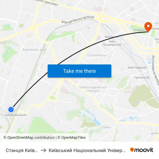 Станція Київ-Волинський to Київський Національний Університет Імені Тараса Шевченка map