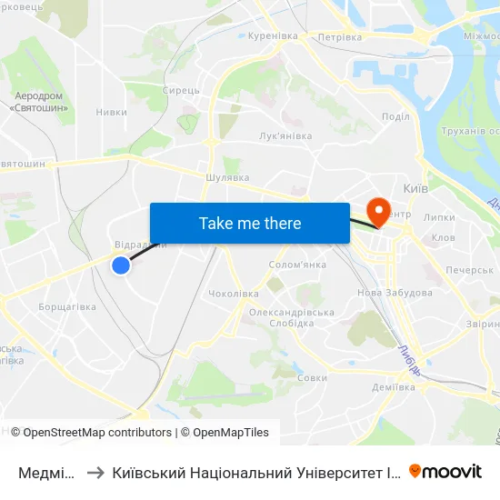 Медмістечко to Київський Національний Університет Імені Тараса Шевченка map