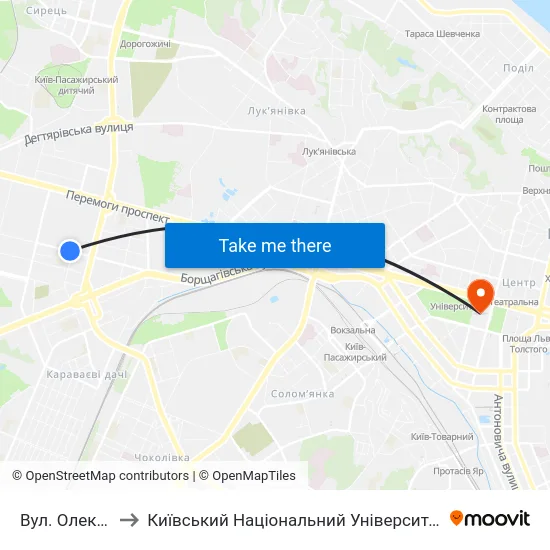 Вул. Олекси Тихого to Київський Національний Університет Імені Тараса Шевченка map