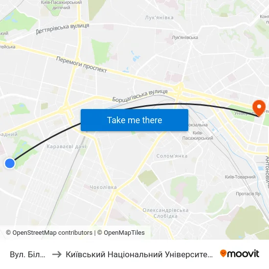 Вул. Білецького to Київський Національний Університет Імені Тараса Шевченка map