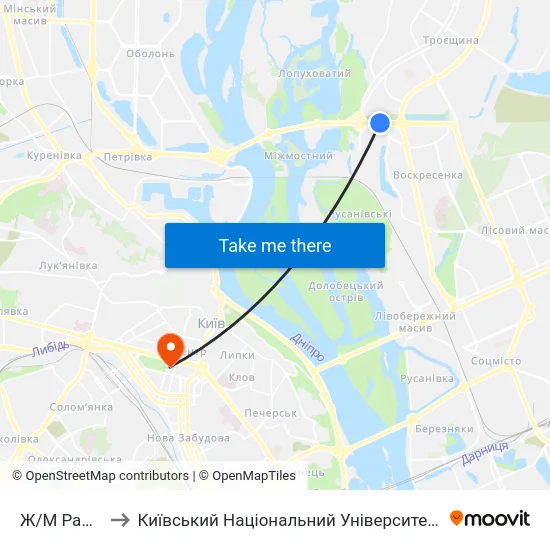 Ж/М Райдужний to Київський Національний Університет Імені Тараса Шевченка map