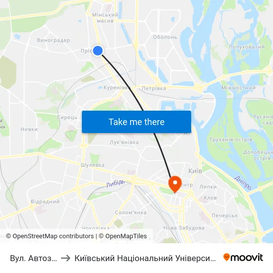 Вул. Автозаводська to Київський Національний Університет Імені Тараса Шевченка map
