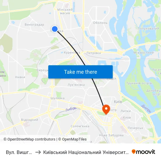Вул. Вишгородська to Київський Національний Університет Імені Тараса Шевченка map