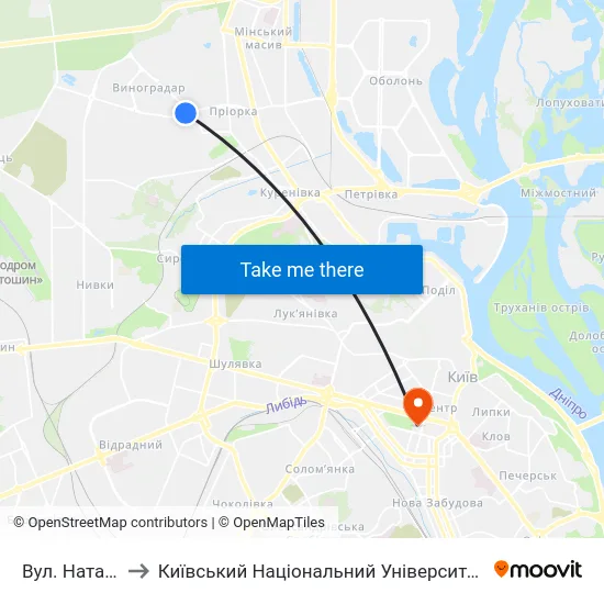 Вул. Наталії Ужвій to Київський Національний Університет Імені Тараса Шевченка map
