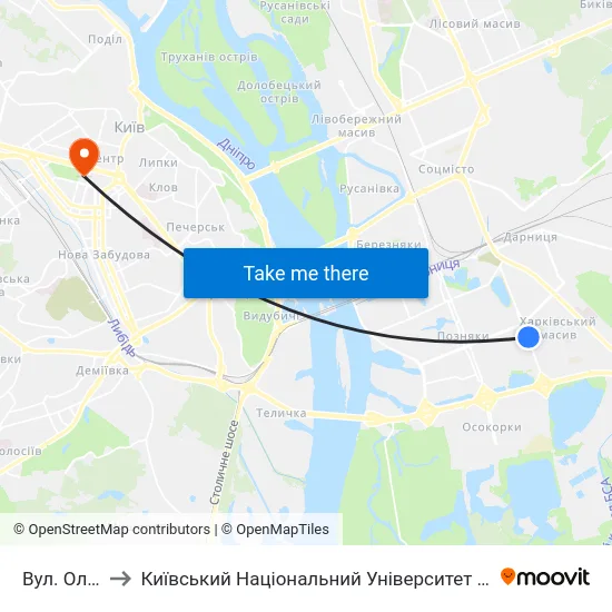 Вул. Олійника to Київський Національний Університет Імені Тараса Шевченка map