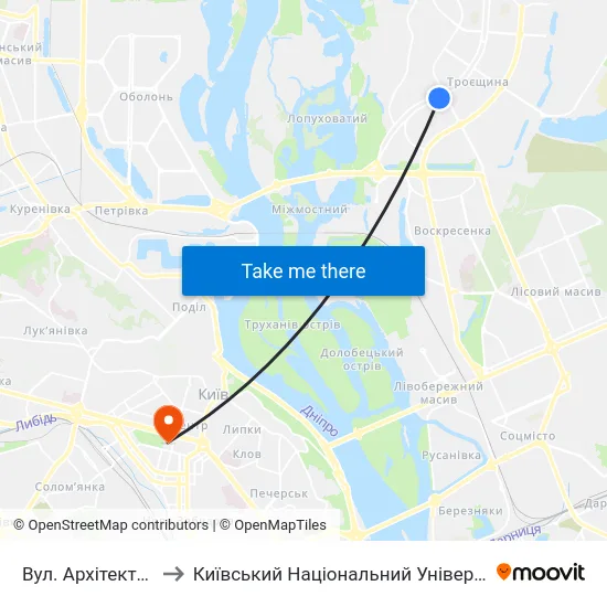 Вул. Архітектора Ніколаєва to Київський Національний Університет Імені Тараса Шевченка map