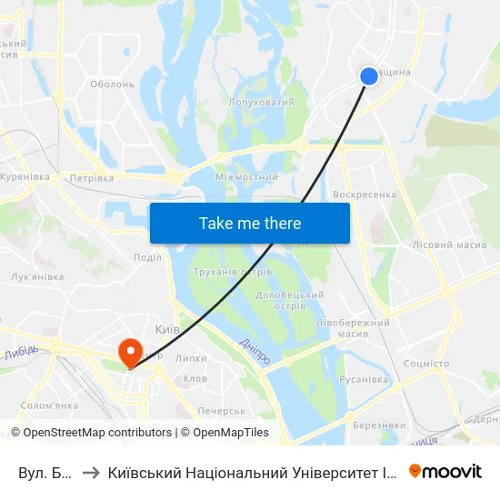 Вул. Беретті to Київський Національний Університет Імені Тараса Шевченка map