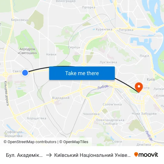 Бул. Академіка Вернадського to Київський Національний Університет Імені Тараса Шевченка map