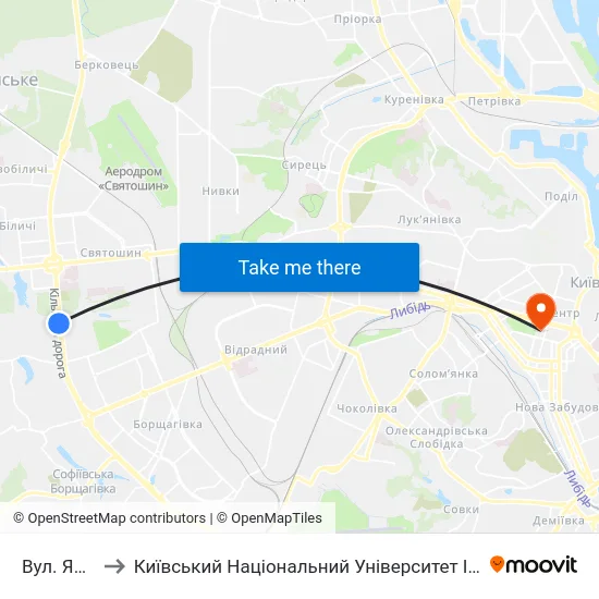 Вул. Янтарна to Київський Національний Університет Імені Тараса Шевченка map