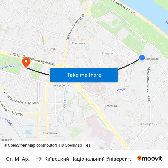 Ст. М. Арсенальна to Київський Національний Університет Імені Тараса Шевченка map