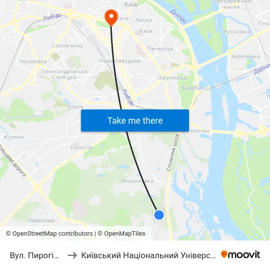 Вул. Пирогівський Шлях to Київський Національний Університет Імені Тараса Шевченка map
