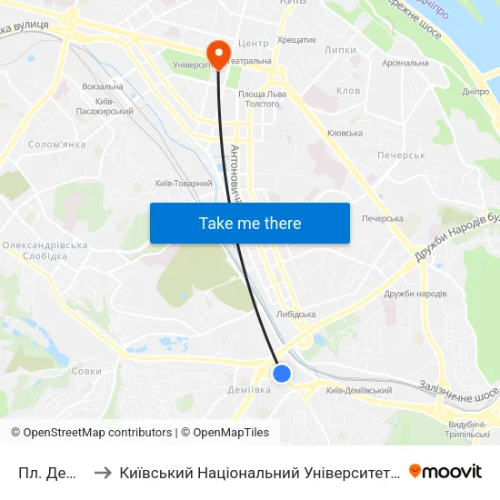 Пл. Деміївська to Київський Національний Університет Імені Тараса Шевченка map