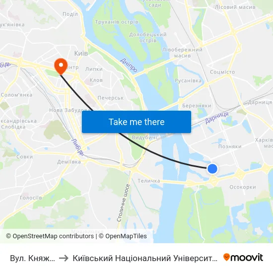 Вул. Княжий Затон to Київський Національний Університет Імені Тараса Шевченка map