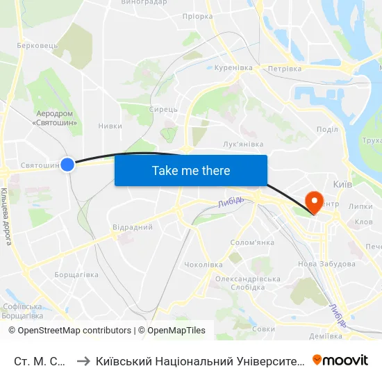 Ст. М. Святошин to Київський Національний Університет Імені Тараса Шевченка map