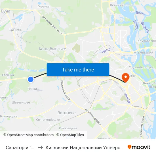 Санаторій ""Перемога"" to Київський Національний Університет Імені Тараса Шевченка map
