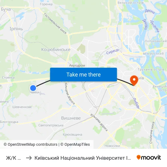 Ж/К Чайка to Київський Національний Університет Імені Тараса Шевченка map