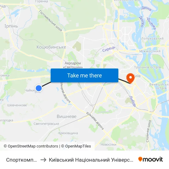 Спорткомплекс Чайка to Київський Національний Університет Імені Тараса Шевченка map