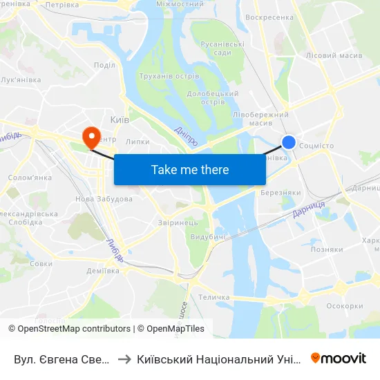 Вул. Євгена Сверстюка (На Вимогу) to Київський Національний Університет Імені Тараса Шевченка map