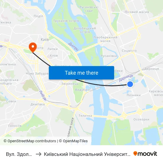 Вул. Здолбунівська to Київський Національний Університет Імені Тараса Шевченка map