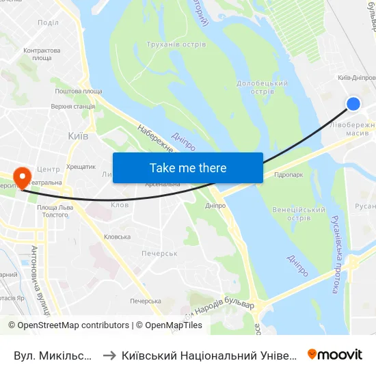 Вул. Микільсько-Слобідська to Київський Національний Університет Імені Тараса Шевченка map