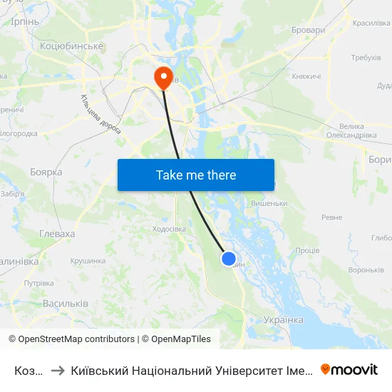 Козин-1 to Київський Національний Університет Імені Тараса Шевченка map